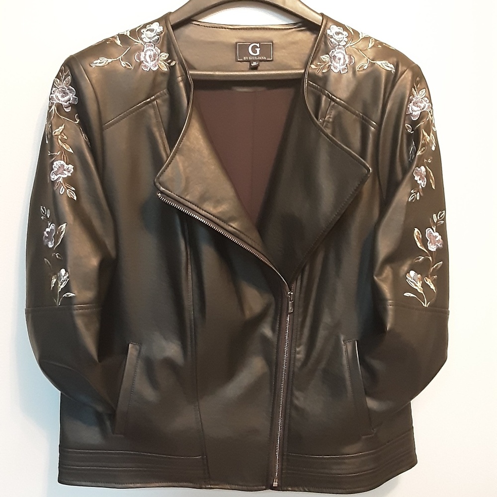 BLACK EMBROIDERED MOTO JACKET XL